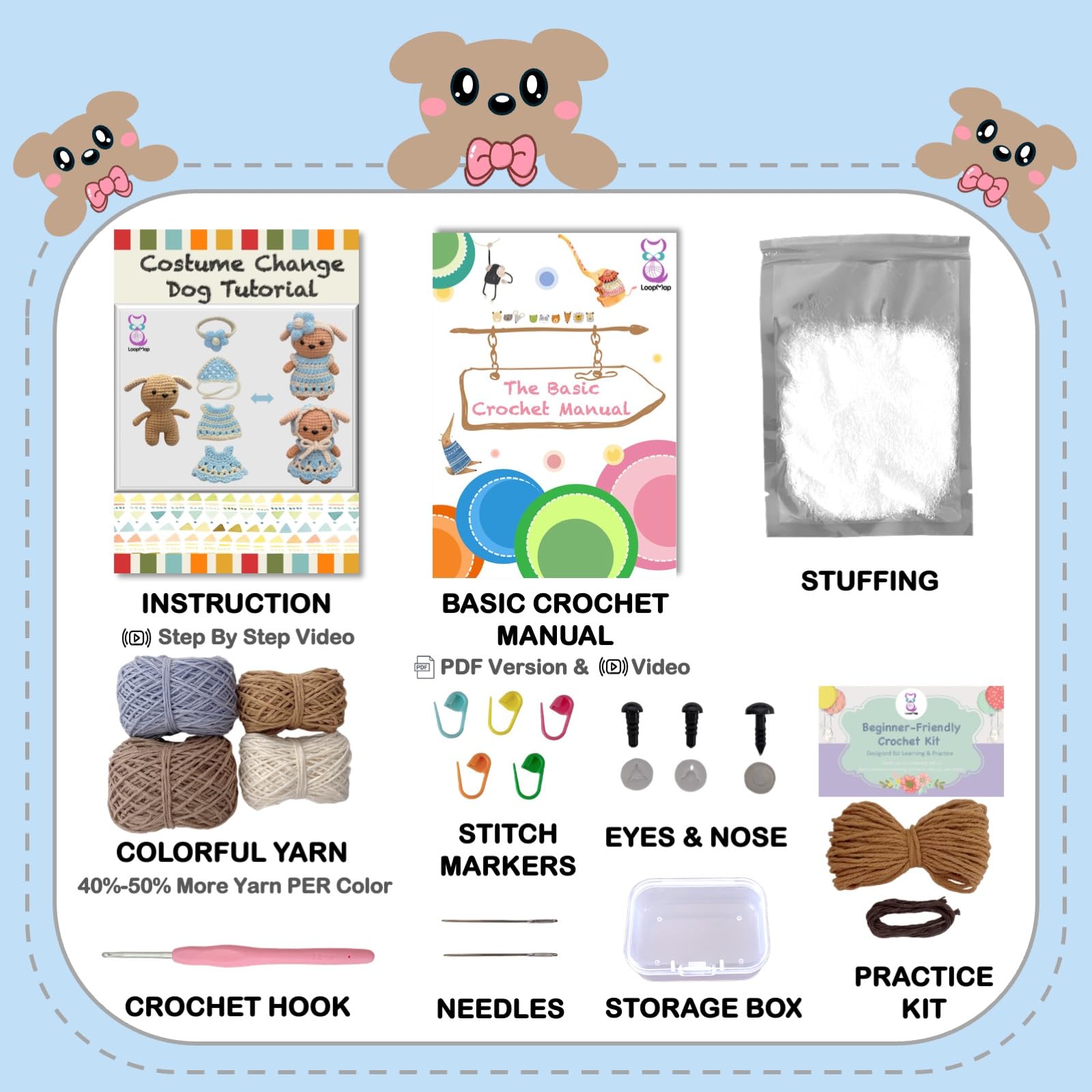LoopMap Kit de ganchillo para principiantes, kit de bricolaje de animales amigurumis con trajes extraíbles, tutorial en video, proyecto de práctica, kit de inicio todo en uno con hilo extra, regalo