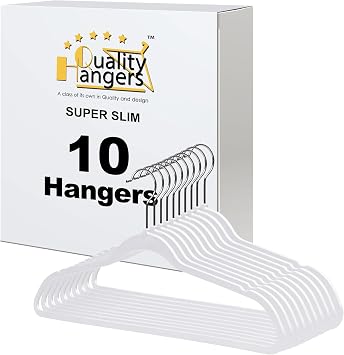 Quality Hangers 10 Pack Slim Plastic Hangers for Clothes - 16.5" Wont Crease Your Clothes, Heavy Duty Non-Velvet Black Hangers, 360 Swivel Chrome Hook Dresses Coats Shirts 10, White