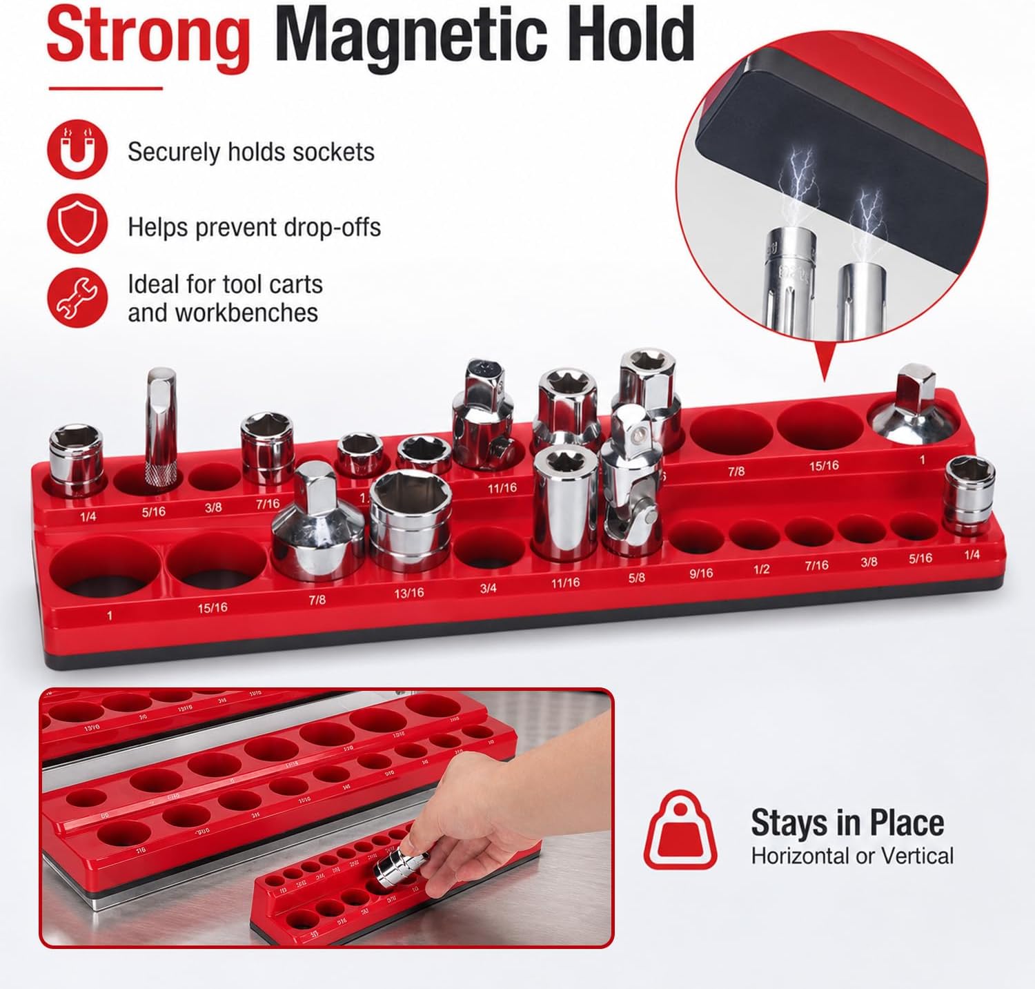 3PCS Magnetic Socket Organizer, Red SAE Socket Tray image 2
