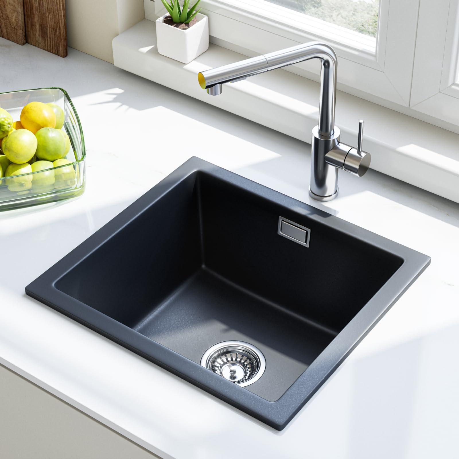 HOROW 13mm Thick Black Granite Composite Kitchen Sink 45x50x20cm - 80% Quartz Ore Stone Basin, Scratch Resistant & Self-Healing, Topmount/Undermount/Flushmount, Includes Full Waste Kit