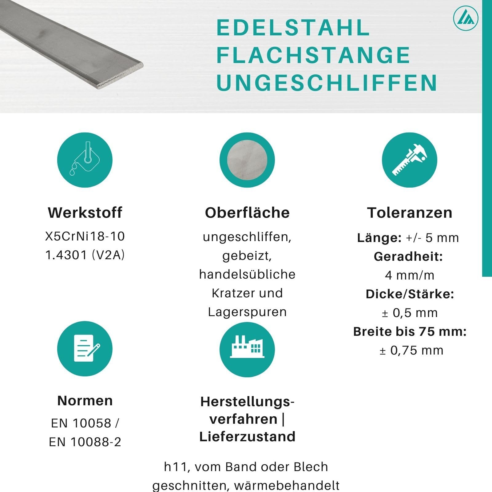 Acier inoxydable plat 50 x 3 mm x 1500 mm (non rectifié).