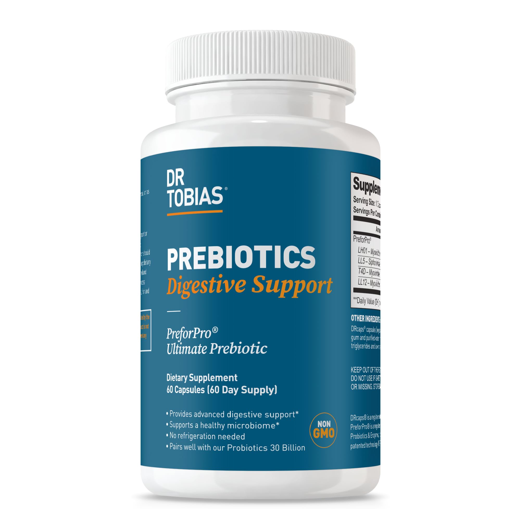 Dr. TobiasPrebiotics Digestive Support, Advanced Prebiotic Supplement for Gut Health, Immune Function & Boost for Probiotics for Women & Men, Vegan, Non-GMO, 60 Capsules, 60 Servings