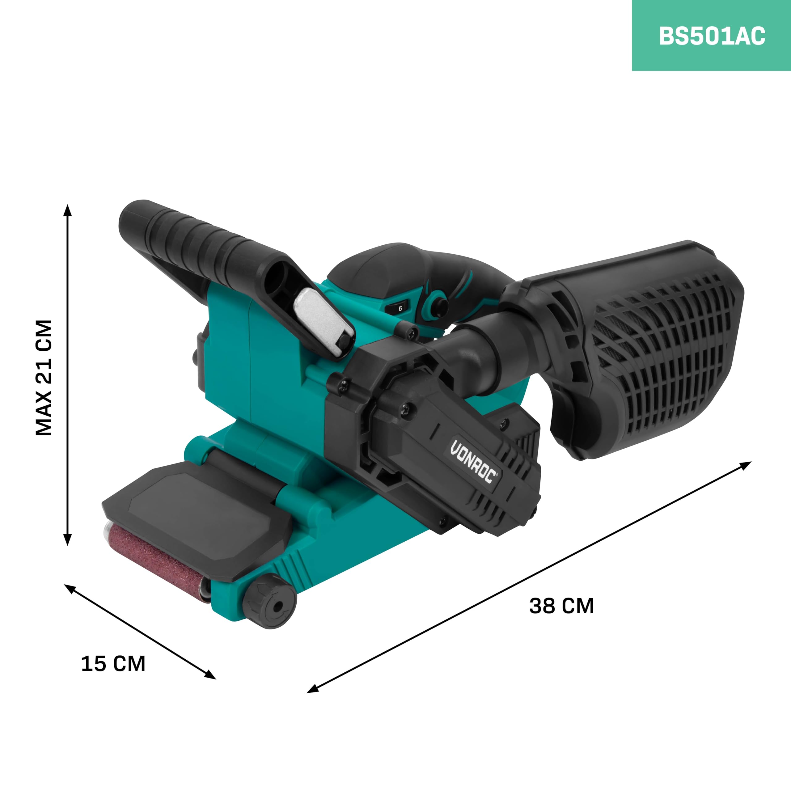 VONROC - Lijadora de banda de 710 W, incluye 6 bandas abrasivas, velocidad variable: 120-380 r/min, incluye una bandeja de recuperación de polvo resistente, apta para bandas abrasivas de 75 x 457 mm