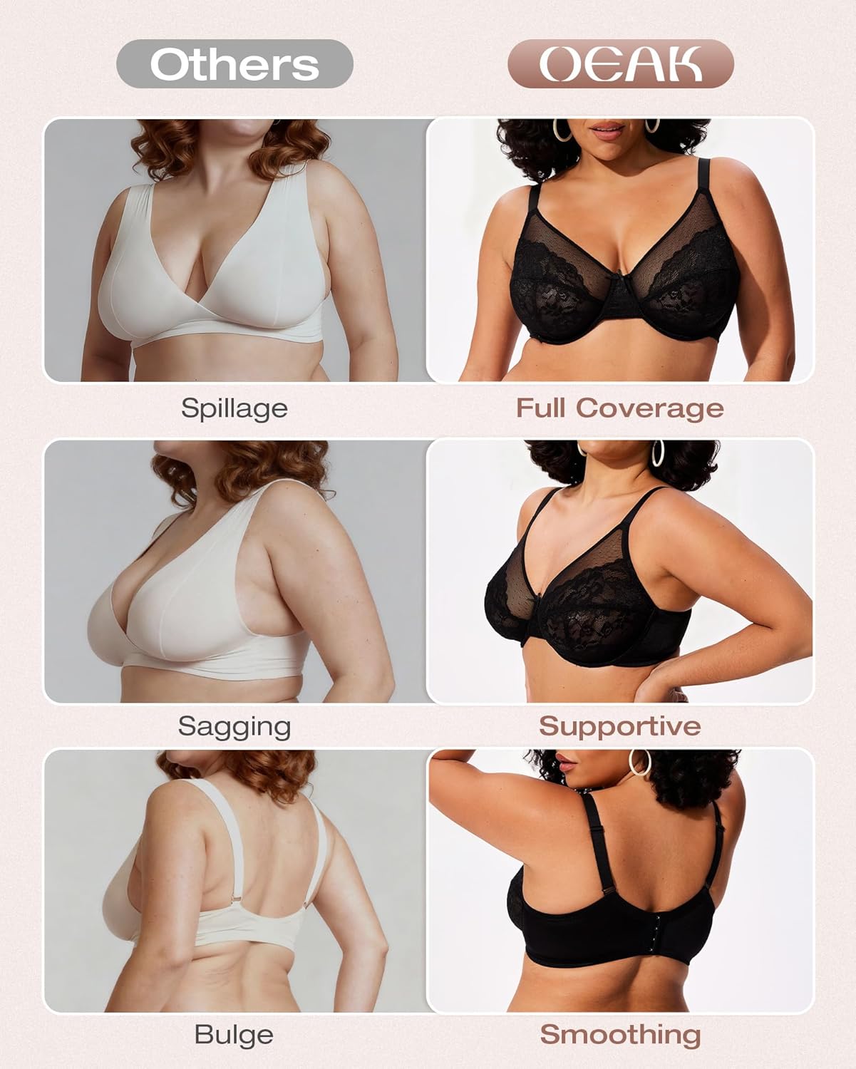 OEAK Womens Minimizer Bras Underwire Full Coverage Bra Plus Size Unlined Lace Bralette Lifting Tshirt Bras for Large Breast - Image 5