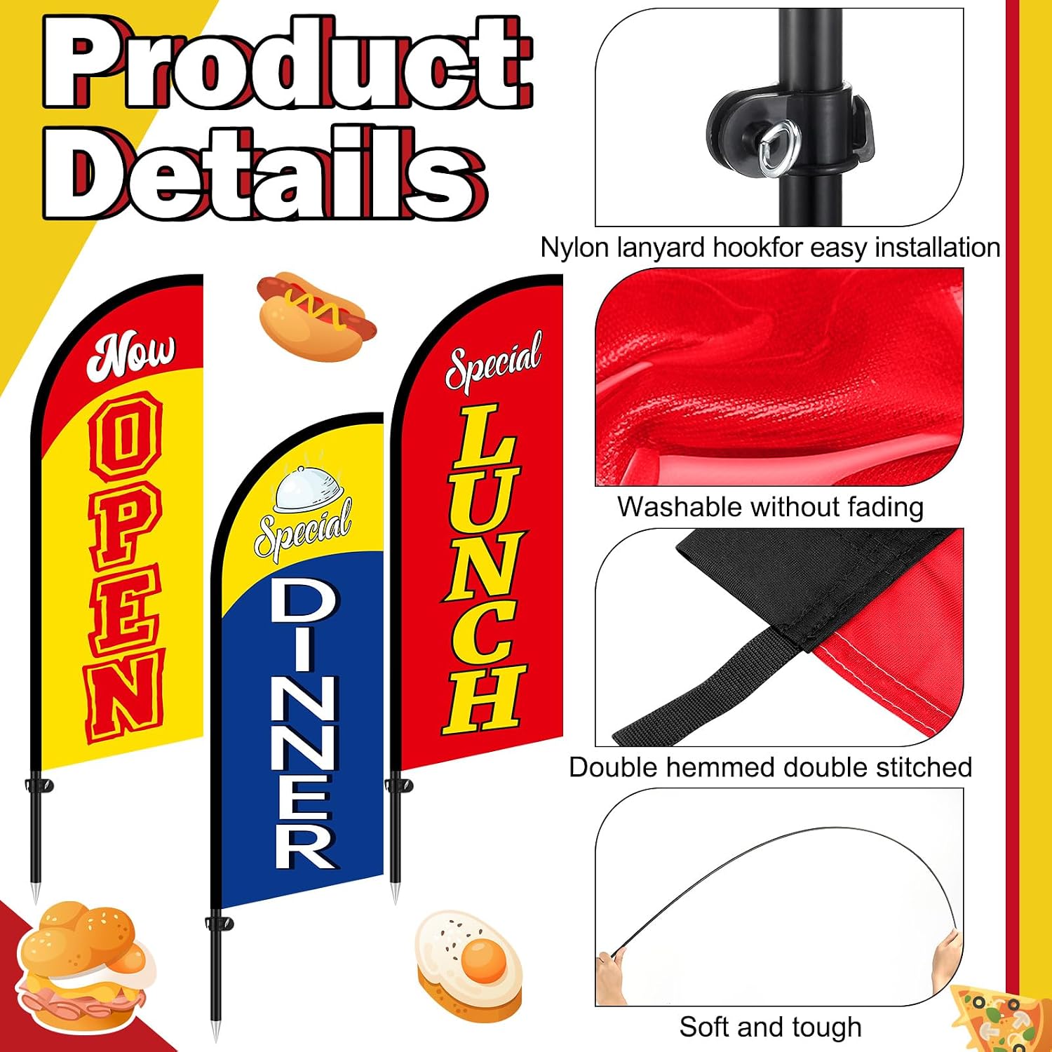 3 Sets 7 ft Lunch Dinner Special Now Open Flag Restaurant Advertising Feather Flag Kits, 3 Pole and 3 Banner Sign, Portable Bag for Business Advertising Outdoor Grand Opening