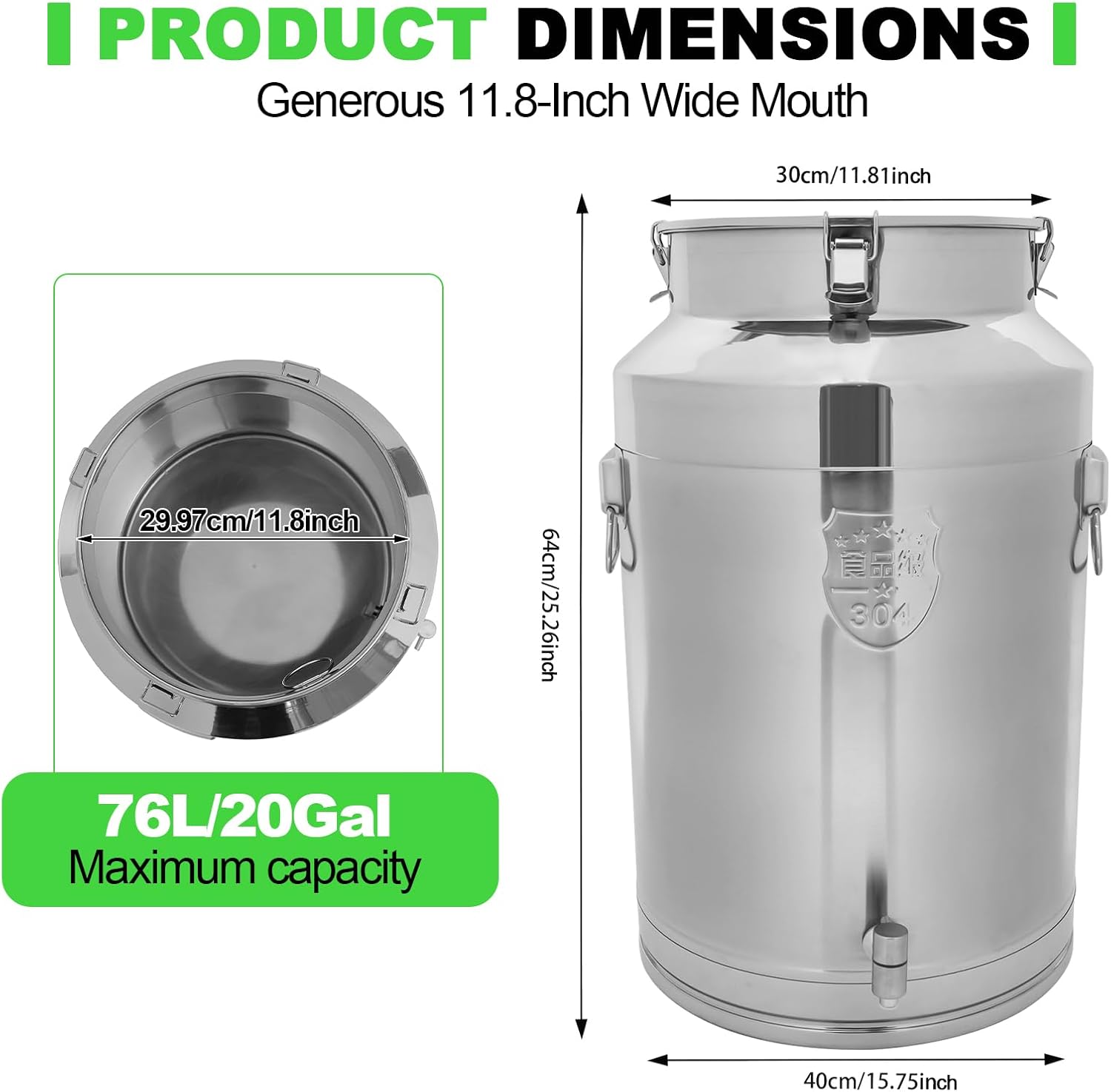 76L/20gal Milk Can with Spigot - 304 Stainless Steel Water Dispenser Food Storage Container for Liquid & Dry Goods, Wine Pail Bucket Metal Tote Jug for Kitchen, Farm