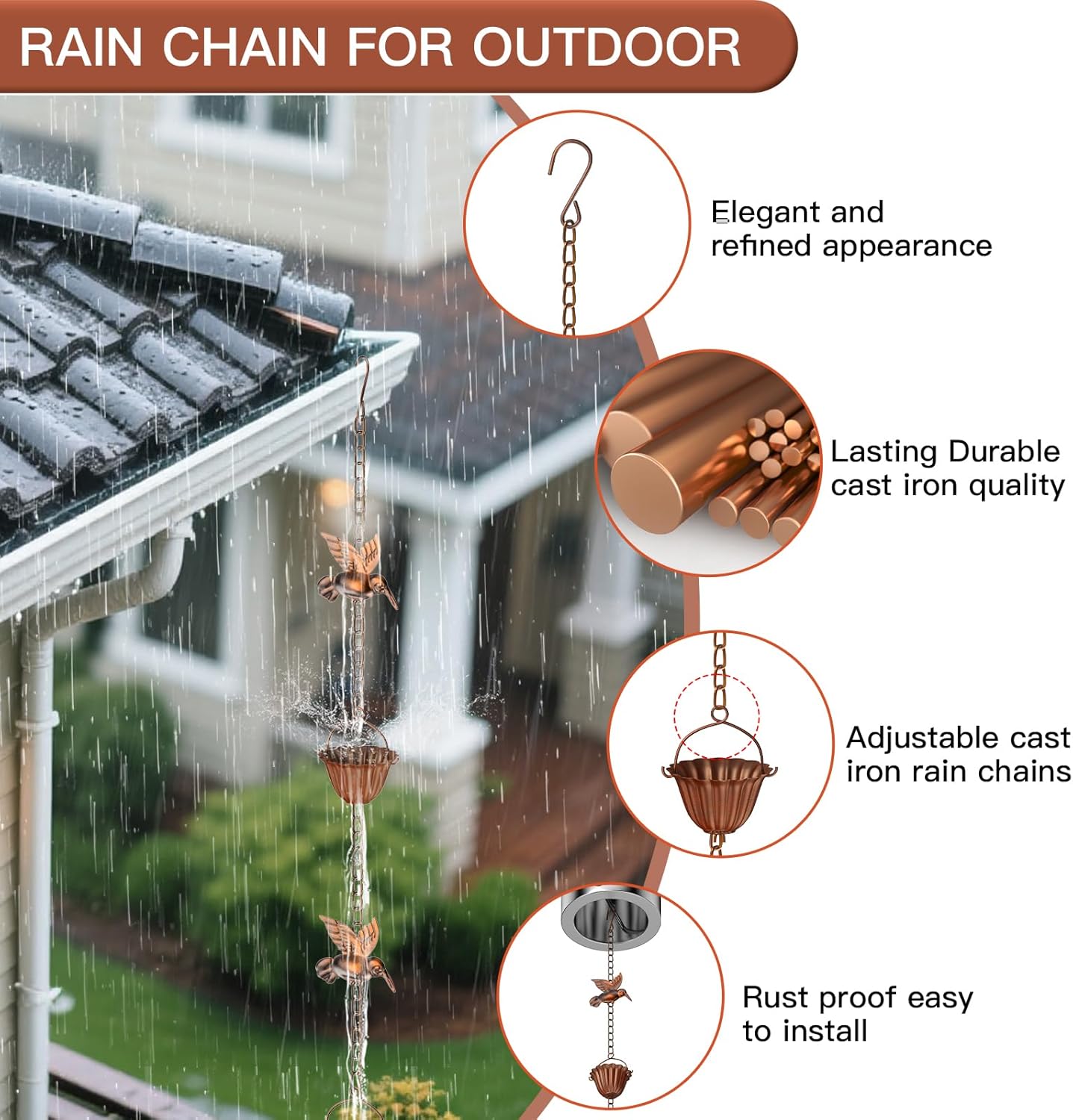 Solid Rain Chain for Gutters – 8.5ft Cast Iron Rain Catcher Chain, Decorative Rain Chimes Outside with 12 Cups & Hummingbird Decor