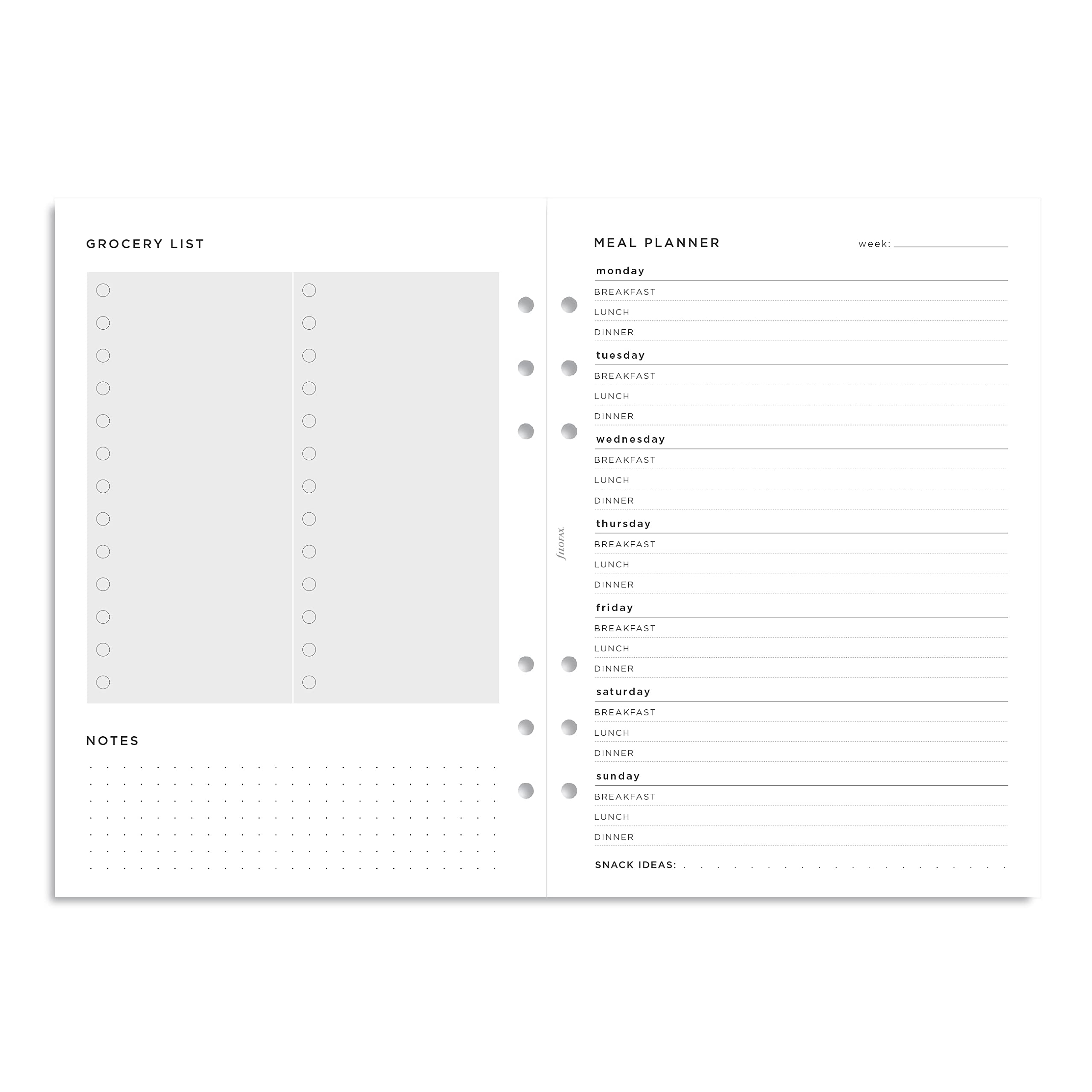 Organizer Refill, A5 Size, Meal Planner Pack, White Paper, 8.26" x 5.82", 56 Sheets (B132683)