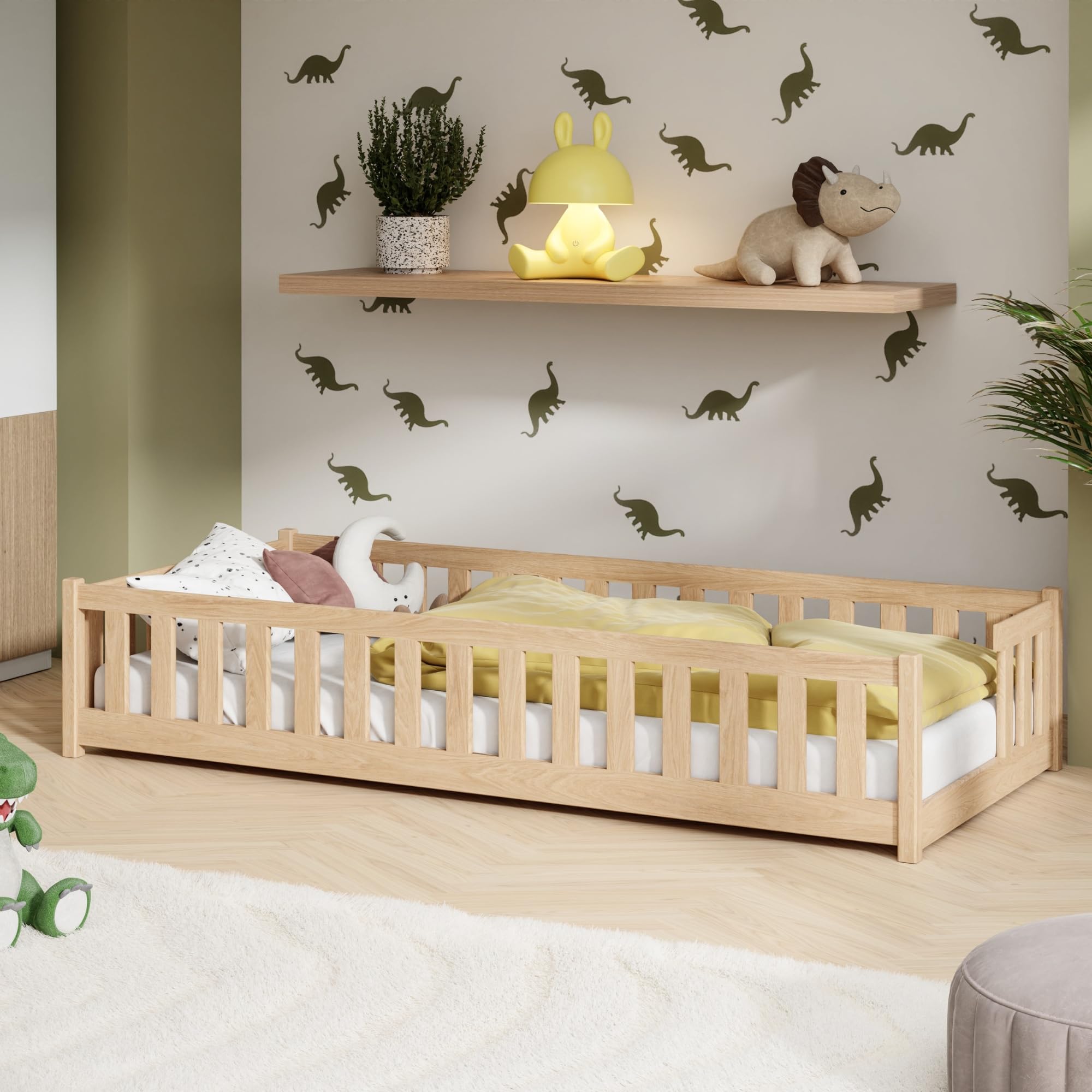 Kids Collective Cama infantil con protección anticaída y somier Montessori, cama infantil, cama individual, 90 x 190 cm, color natural