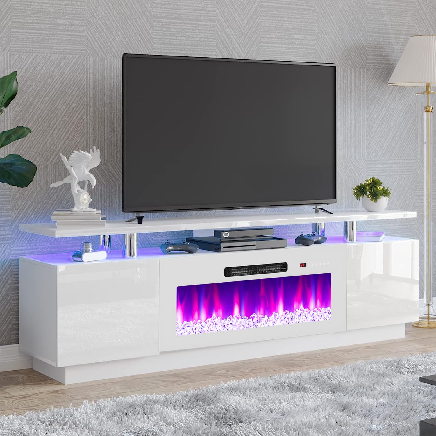 AMERLIFE Fireplace TV Stand with 36" Fireplace, 70" Modern Fireplace Entertainment Center LED Lights, 2 Tier TV Console Cabinet for TVs Up to 80",