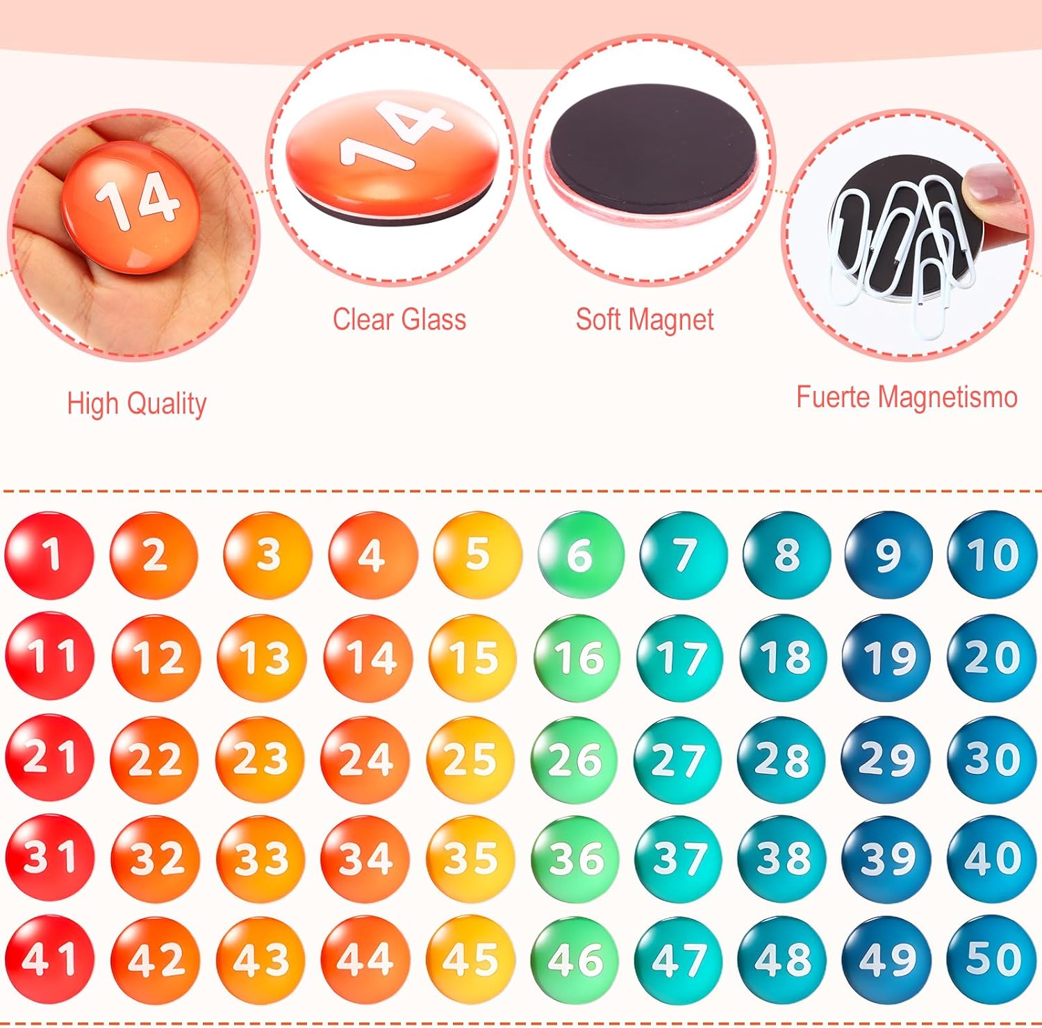 Tellegloww 1-50 Magnetic Numbers Large Glass Magnets Number for Whiteboard Dry Erase Boards Classroom Round Number Refrigerator Magnets for Whiteboard Home School Office(Dark Color,1.41")