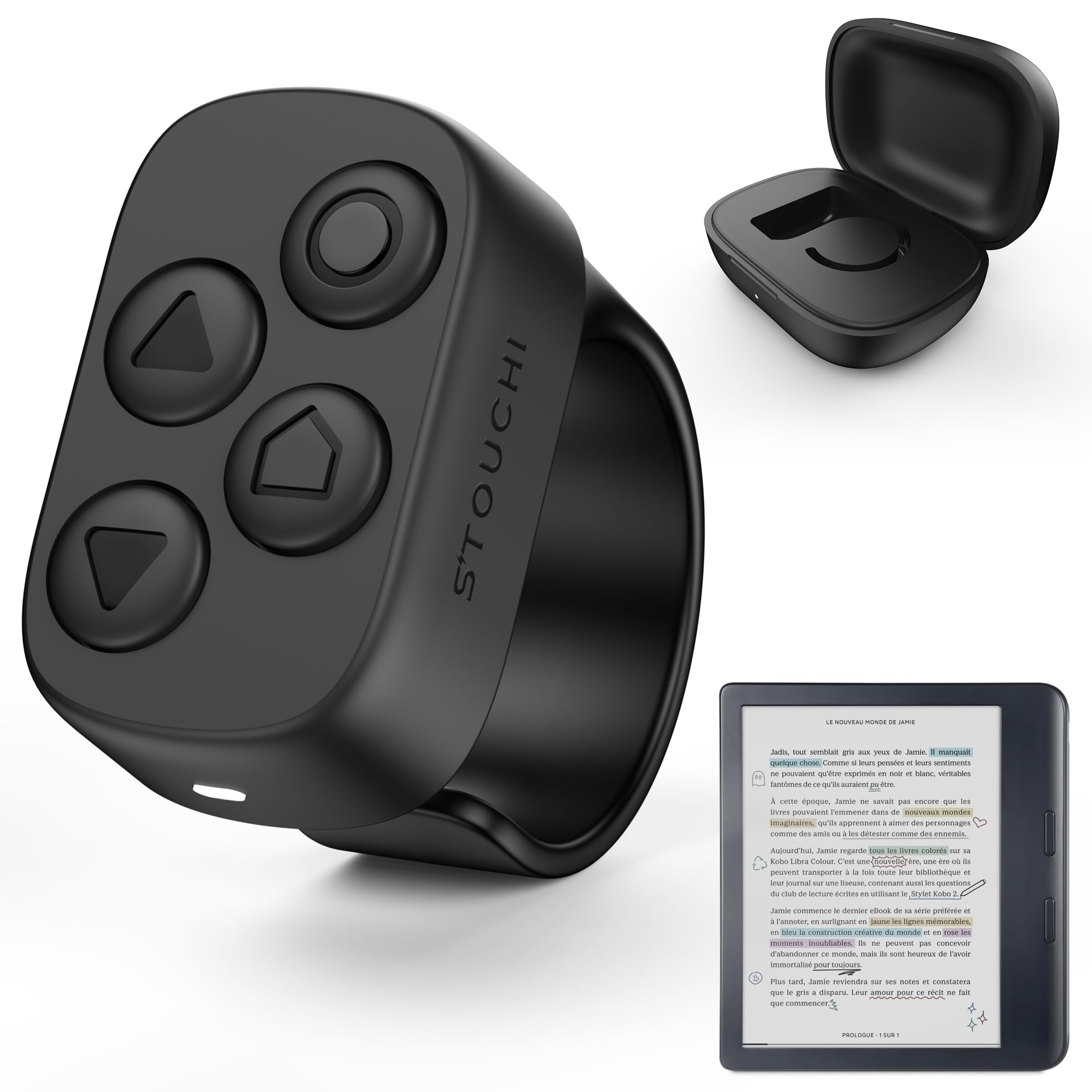 Photo 1 of [Designed for Kobo] Remote, Stouchi #1 No-Clip Multi-Function Page Turner Ring with USB C Charging Case Hands-Free Reading for Clara BW/Libra Colour/Clara Colour/Elipsa/Clara 2E/Libra 2/Sage- Black