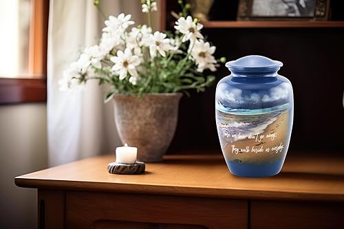 Vista 8 de Footprints Urna de cremación – Urna conmemorativa azul océano con playa y olas – Urnas funerarias de metal hechas a mano de tamaño completo