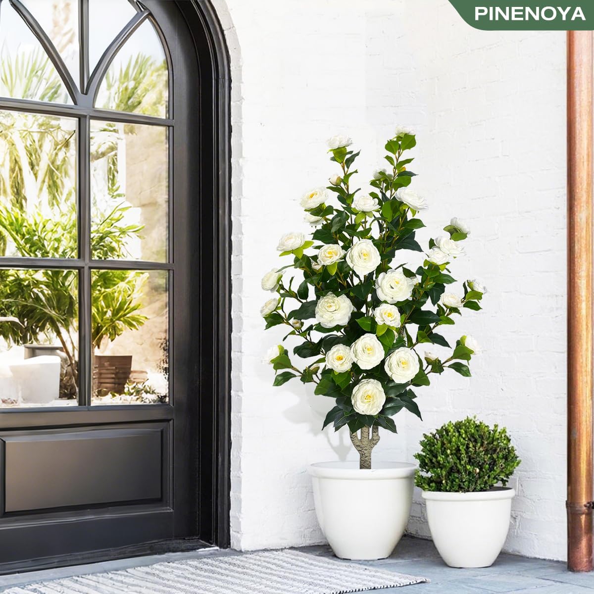 2 Pack Artificial Camellia Tree 43" Fake Tree with 36 Blooming Flowers; 3.6FT Faux Tall Camellia Plants in White Pot,Greenery Potted Plant for Indoor & Outdoor Home Office Porch Decor (White)