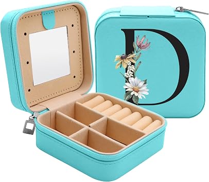 XVX Personalized Mini Jewelry Organizer Box - Ideal Birthday & Graduation Gifts for Daughters, Granddaughters | Travel Initial Jewelry Case for Girls Women-Cyan D