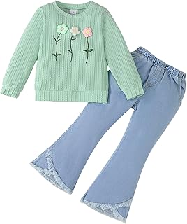 Adorable Toddler Girl 2pc Set: Ribbed Tops & Stylish Bell Bottoms Jeans (2-8 Years)