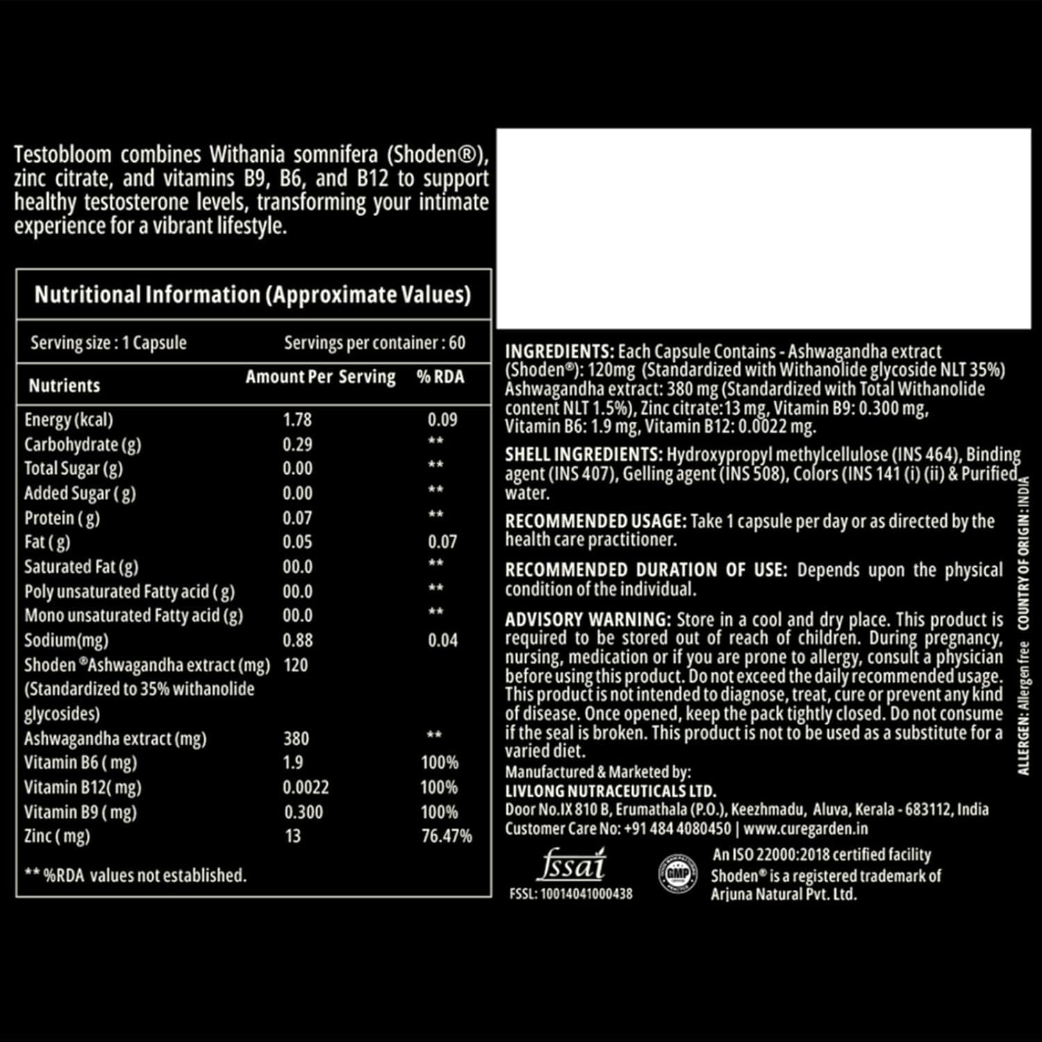 Curegarden Testobloom | Testosterone Booster for Men with Shoden Ashwagandha 500mg + Zinc + Vitamins B6 & D3 | Clinically Studied Ingredients | Supports Muscle Growth & Stamina | GMP & Halal | 30 Capsules — Amazon image 9