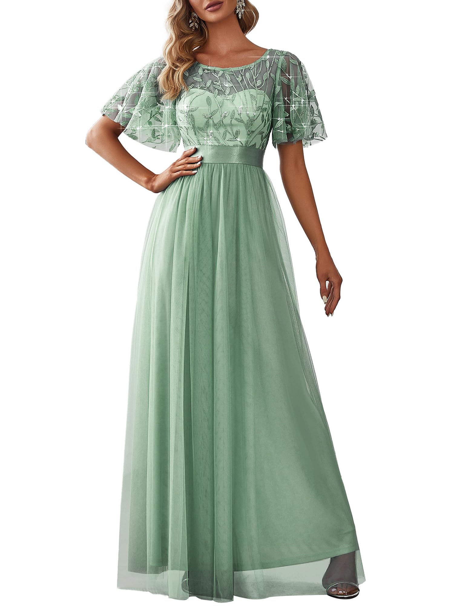Ever-Pretty Robe de Soirée pour Mariage Demoiselle d'honneur Manches Courtes Taille Empire A-Line Tulle Longue Femme 00904