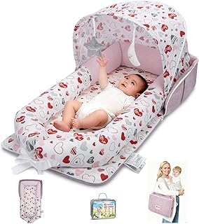 Baby Lounger, Portable Foldable Travel Lounger for Newborn 0-12 Month, Washable Lightweight Infant Nest with Canopy, Soft Breathable Baby Nest with Adorable Pattern, Home & Outdoor Use