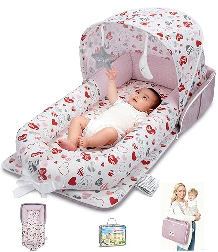 Miniatura 9 de Tumbona para bebé, tumbona portátil plegable de viaje para recién nacido de 0 a 12 meses, lavable y ligera, nido para bebé con toldo, nido de bebé
