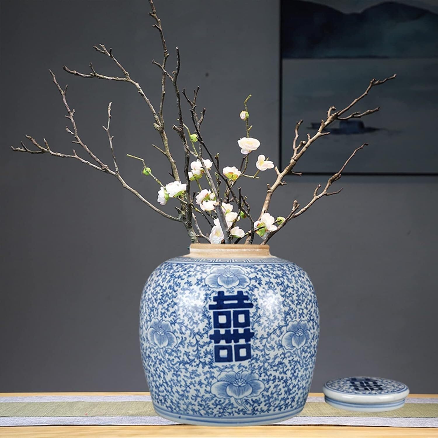 Ingwerglas Blaue Und Weiße Porzellan-dekorative Keramikknospenvase Double Happiness, Flache Oberseite Mit Deckel, Ingwerglas Tempelglas