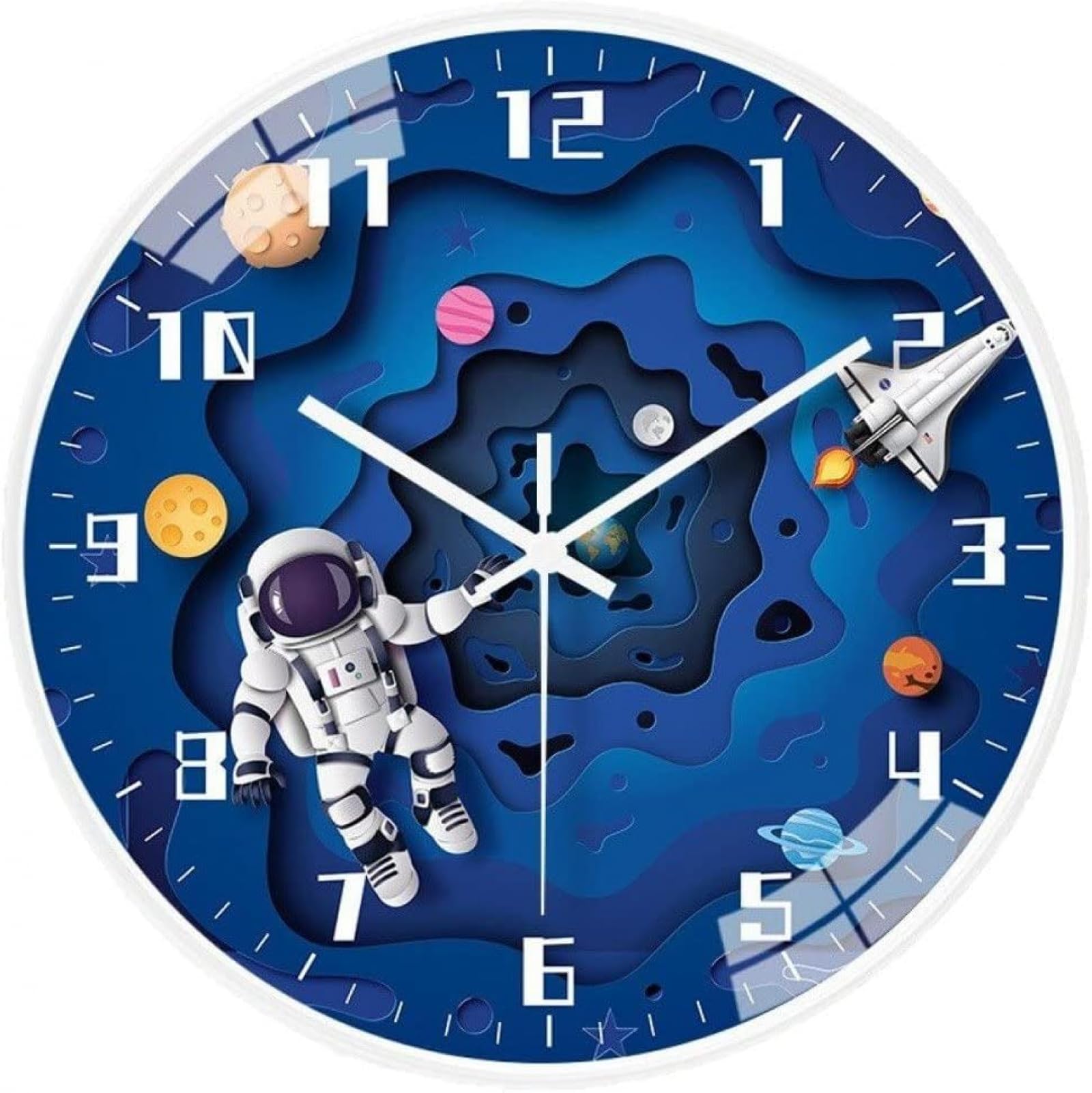 Y&D Silent Movement Wall Clock, Non Ticking Children Round Wall Clock Astronaut Space Travel Children Clock for Home School Bedroom Living Room Decor-Batteries Not Included
