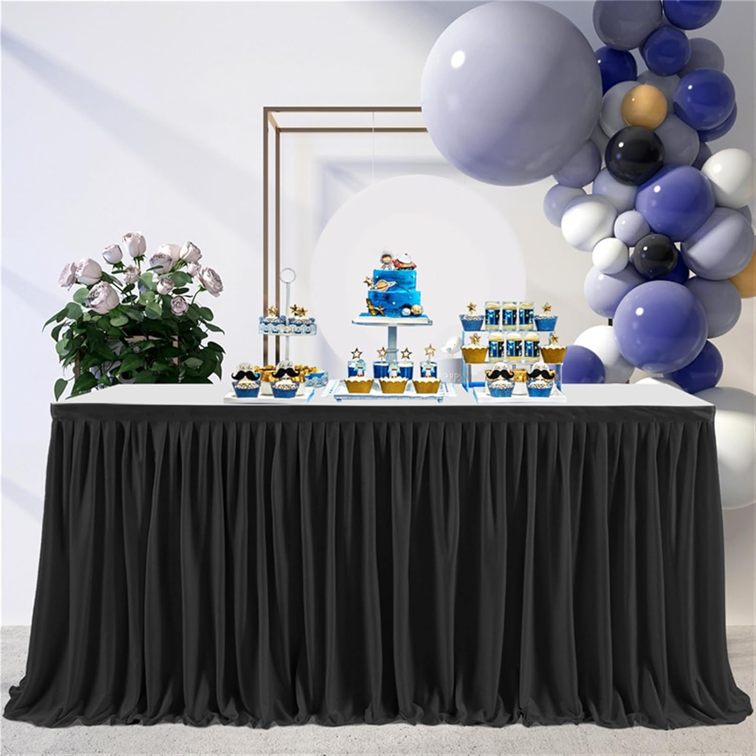 Grey Table Skirt for Rectangle Tables 14FT Polyester Tablecloths Wrinkle Resistant Pleated Ruffle Desk Skirts for Birthday Party Banquet Wedding