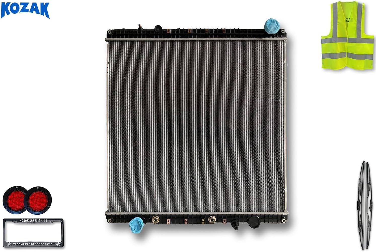 KOZAK Radiator (2001-1738, 3S0580800003) Compatible with Freightliner Cascadia 2012-2016, M2-112 2012-2014 with Oil Cooler PLUS Logo, Wipers, License Plate Frame, 2x Trailer Tail Lights, Vest