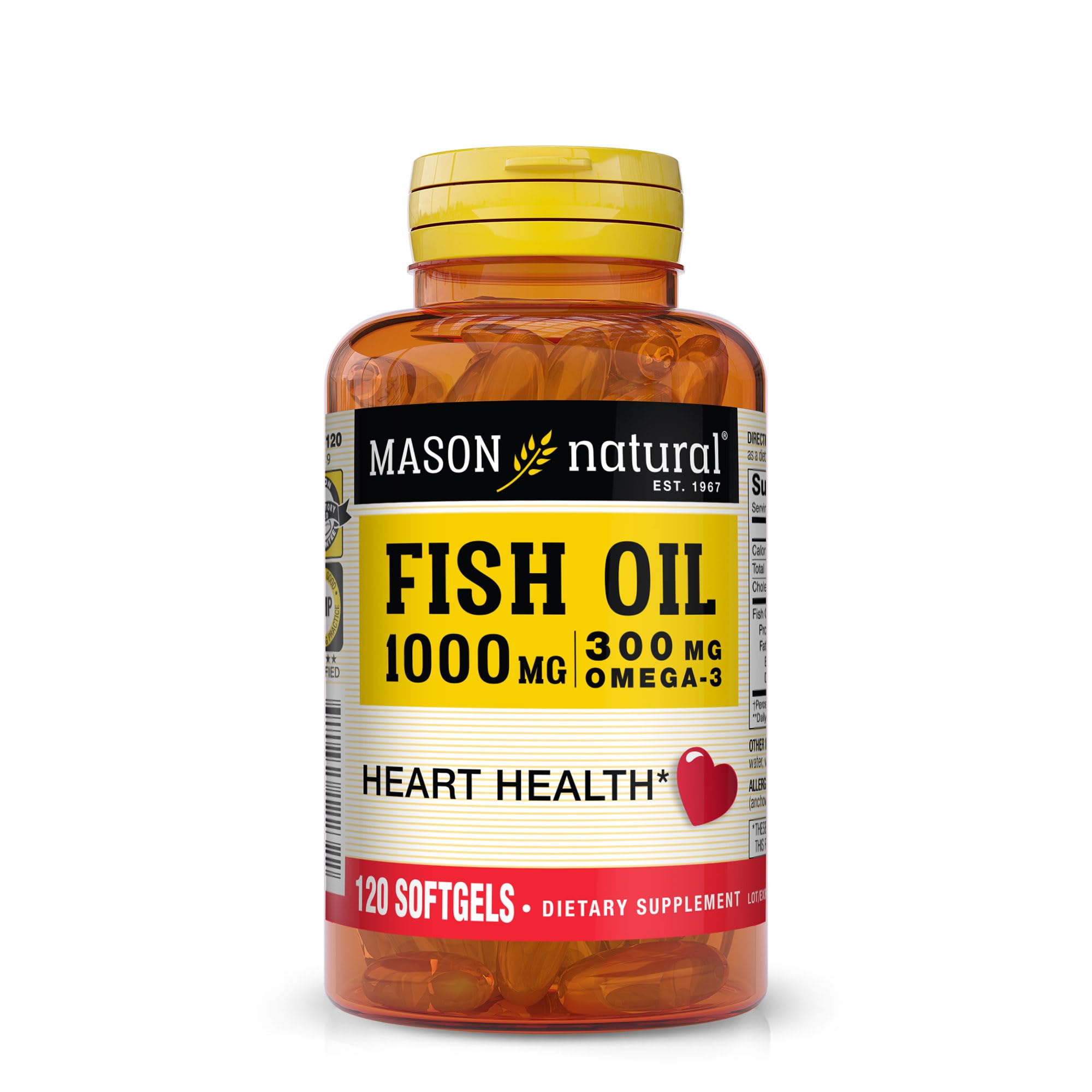 MASON NATURAL Omega-3 Fish Oil 1000mg with EPA & DHA, 120 Day Supply 120 Count (Pack of 1)