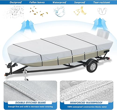 Miniatura 4 de Solim Funda para barco Jon de 14 pies con cubierta de motor, cubierta de amarre impermeable de poliuretano 900D, resistente al agua, lona de