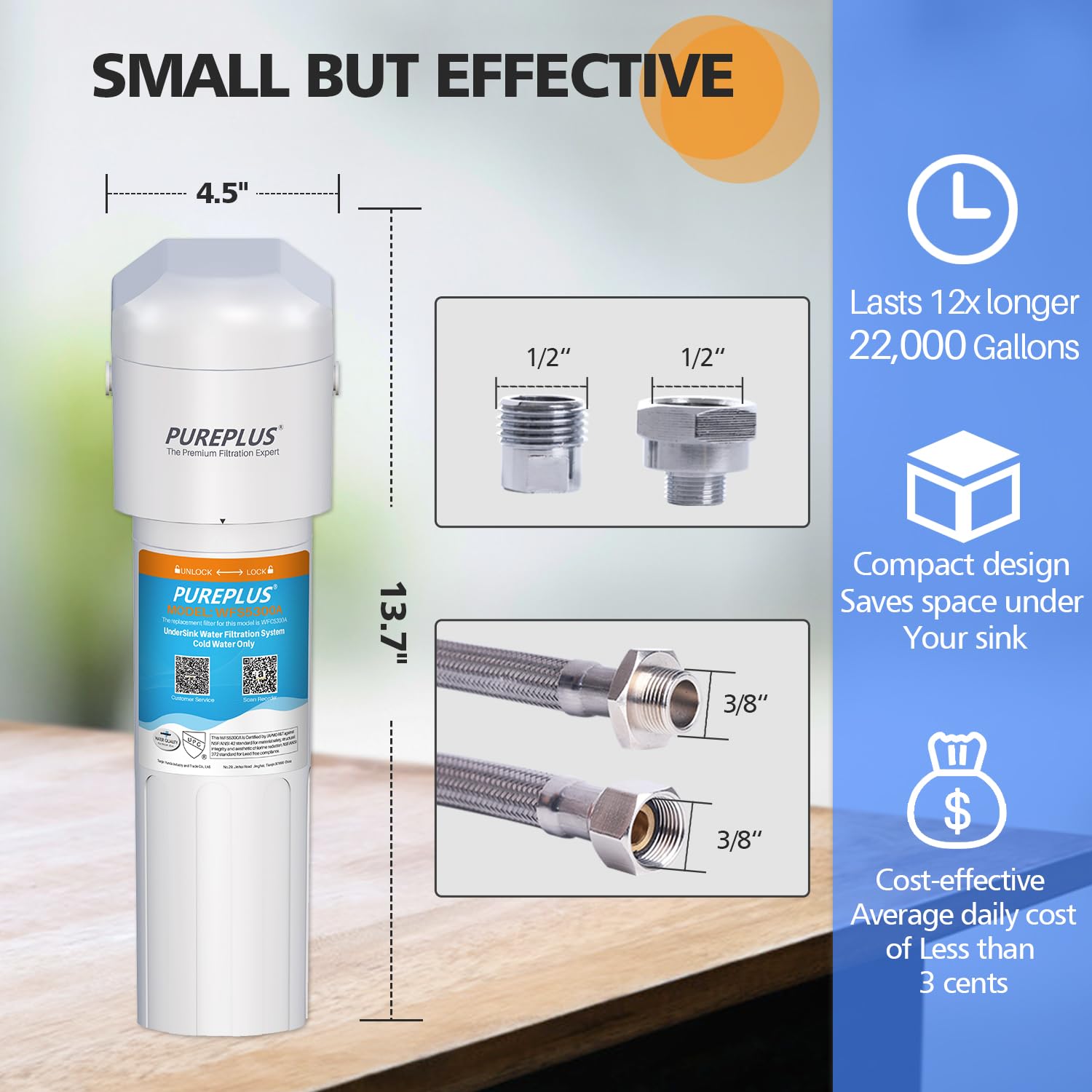 PUREPLUS Under Sink Water Filter, 22000 Gallons, 99.99% Chlorine Reduction, NSF/ANSI Certified Direct Connect Under Counter Water Filtration System