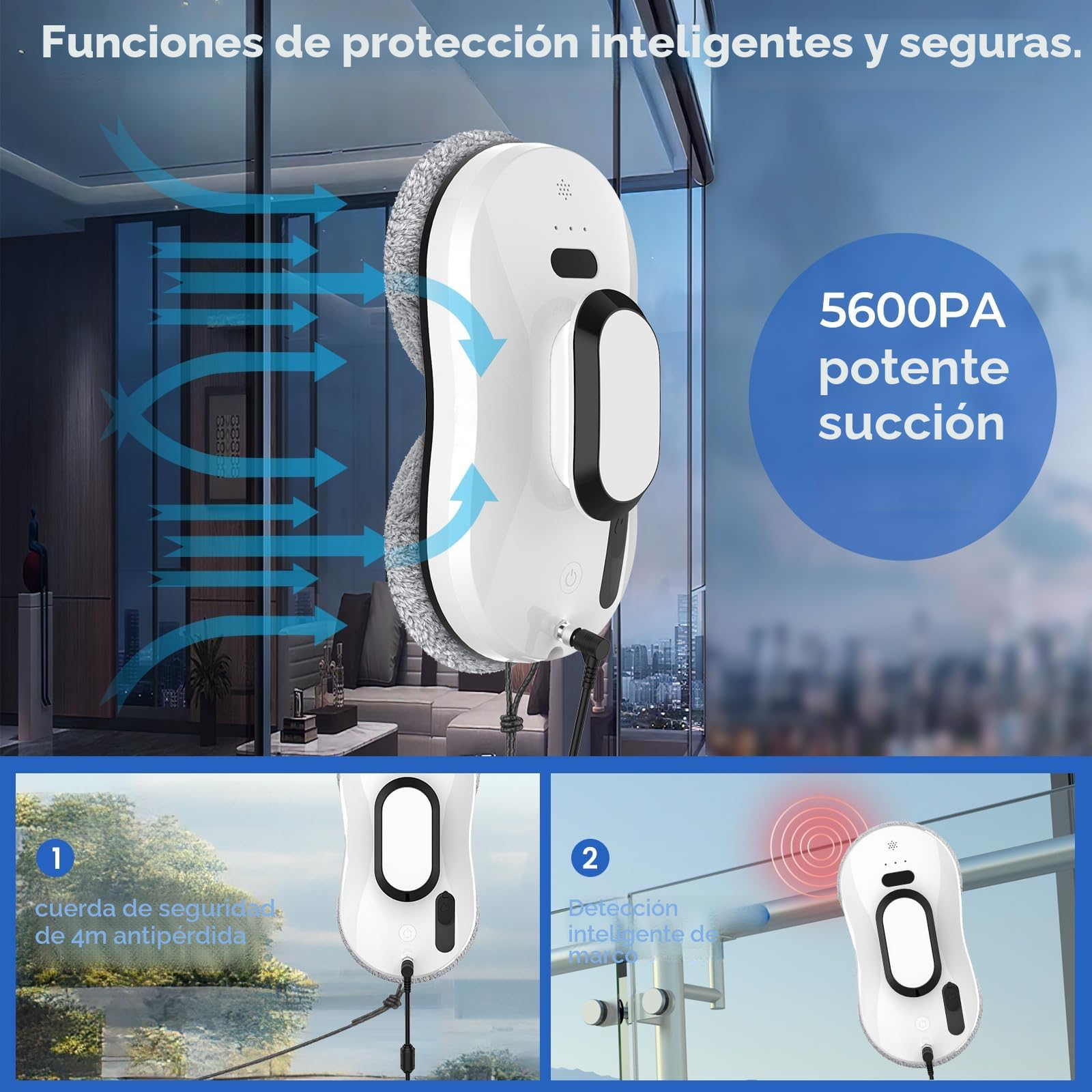 Robot Limpiacristales, 5600Pa Robot Limpieza de Ventanas Electrico Con Sistema de Seguridad, Navegación Inteligente, Control Remoto, Detección de Bordes, para Las Superficies Lisas, con 10 Trapo (B)