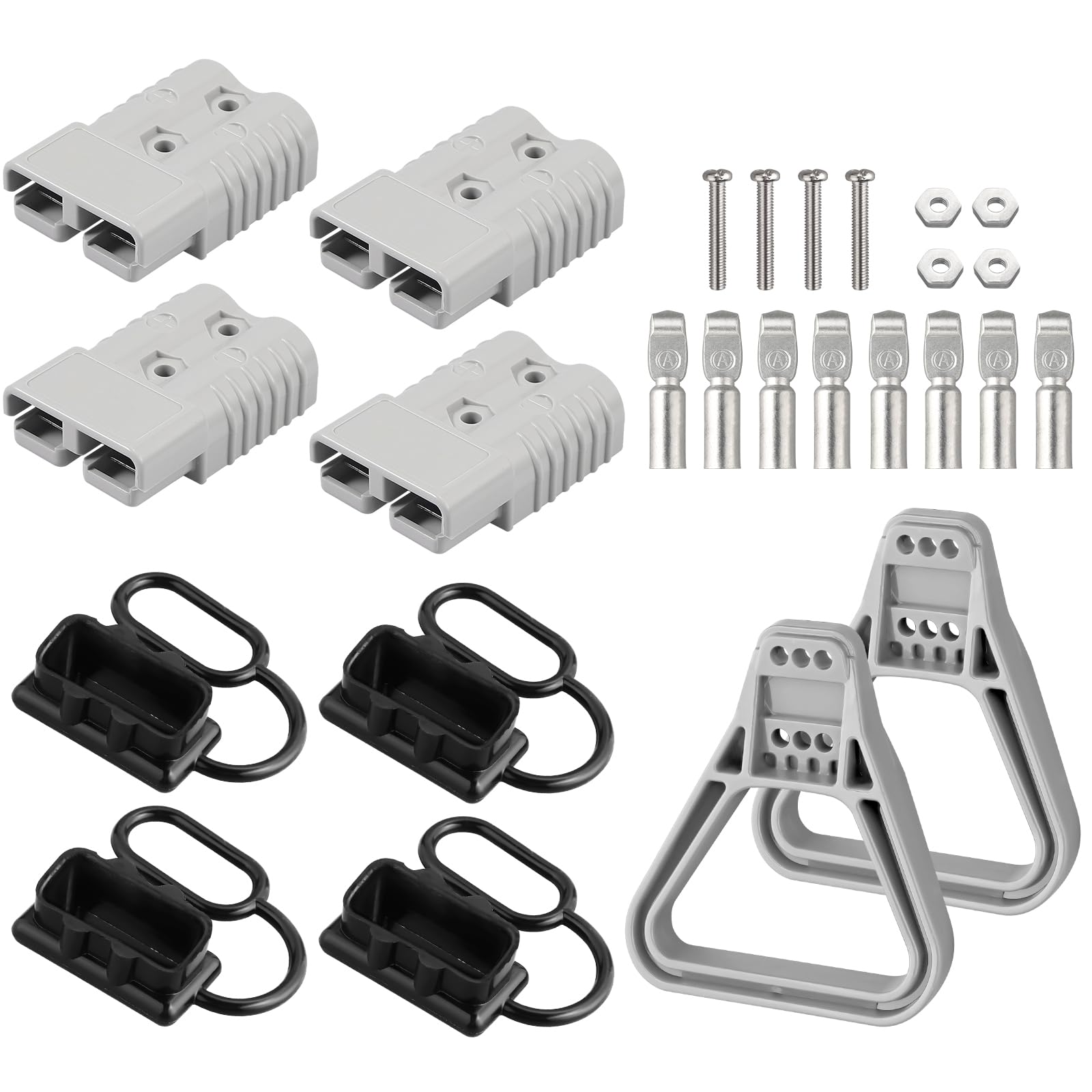 eSynic 4PCS Conector Anderson 175A 600V 1/0AWG con 4 Fundas Antipolvo + Anillos Auxiliares - Terminales Cobre Plateado, PC Ignífugo - Para Baterías de Coche, Barco, Remolque, Grúa (Gris)