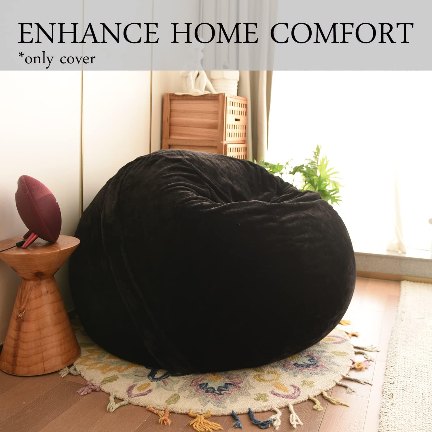 YuppieLife 4FT Fluffy Fur Bean Bag Cover, Lazy Sofa Cover Only, Black