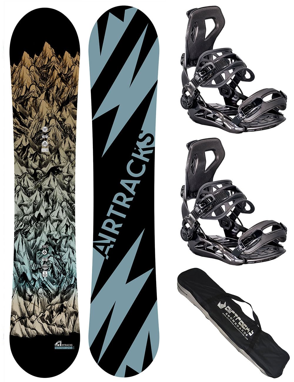 Airtracks Snowboard Set - Mountain Lines Snowboard Wide Flat Zero Rocker + Bindung Master Fastec + Snowboard Bag 156 159 163 165 cm
