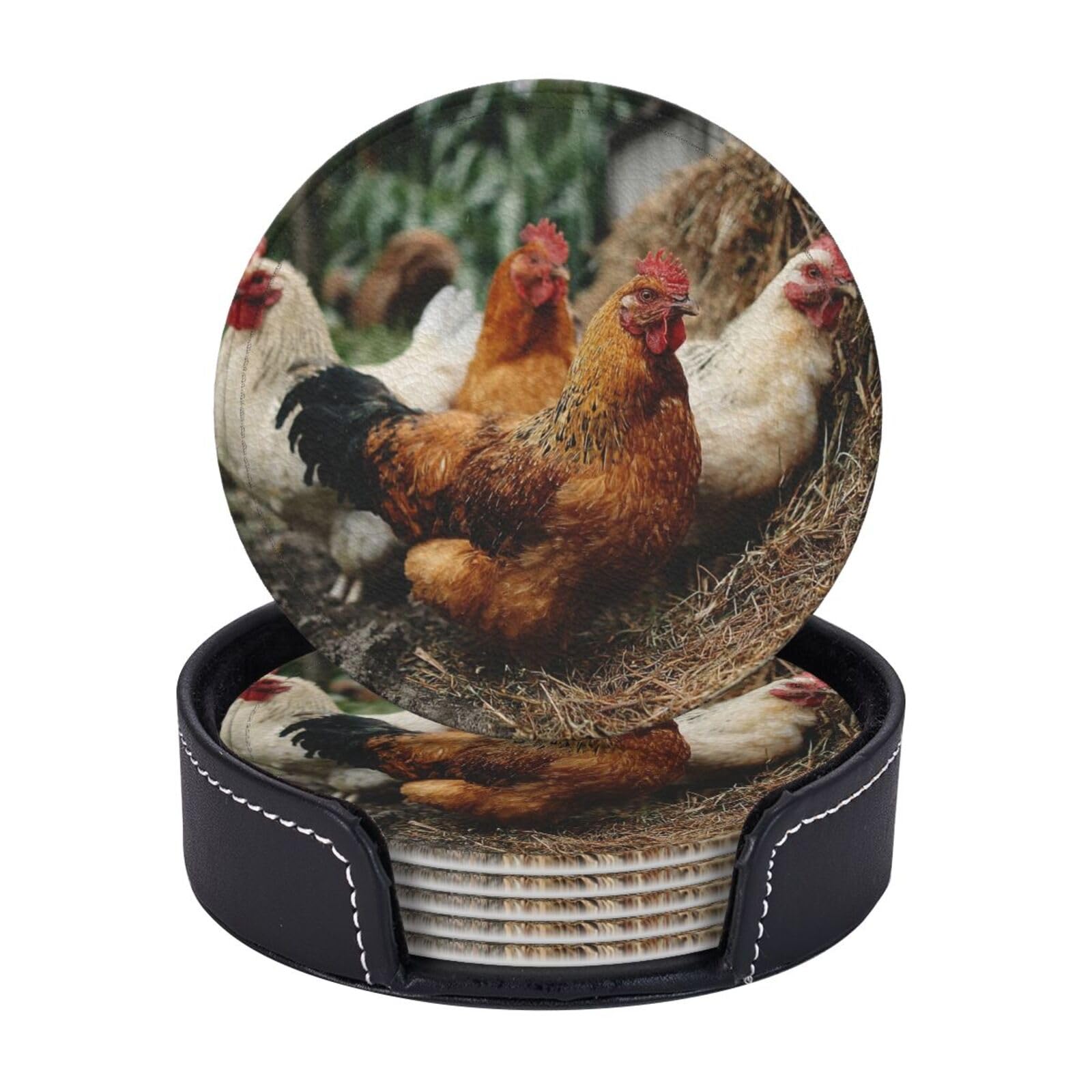 Drink Coasters 6 PCS Round Leather Coaster Rooster Chicken Hen Farm Coasters for Drinks Non-Slip Mugs Pads with Holder Personalized Cups Pad Mat for Coffee Table Kitchen 10 CM