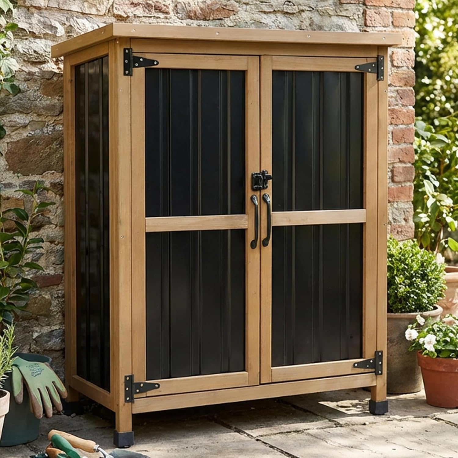 Small Outdoor Storage Cabinet Waterproof, Wood & Metal Storage Shed with Lockable Doors & Adjustable Shelves, Vertical Outdoor Cabinets for Patio Backyard,Garden Tool Shed and Accessories, Brown