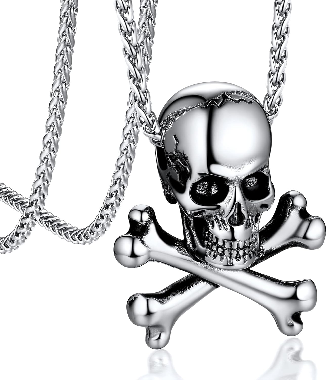 Bandmax Skull Pendant Necklace for Men Women Stainless Steel/Black Gothic Skeleton Charm with 22" Spiga Chain Rapper Biker Necklace Jewelry