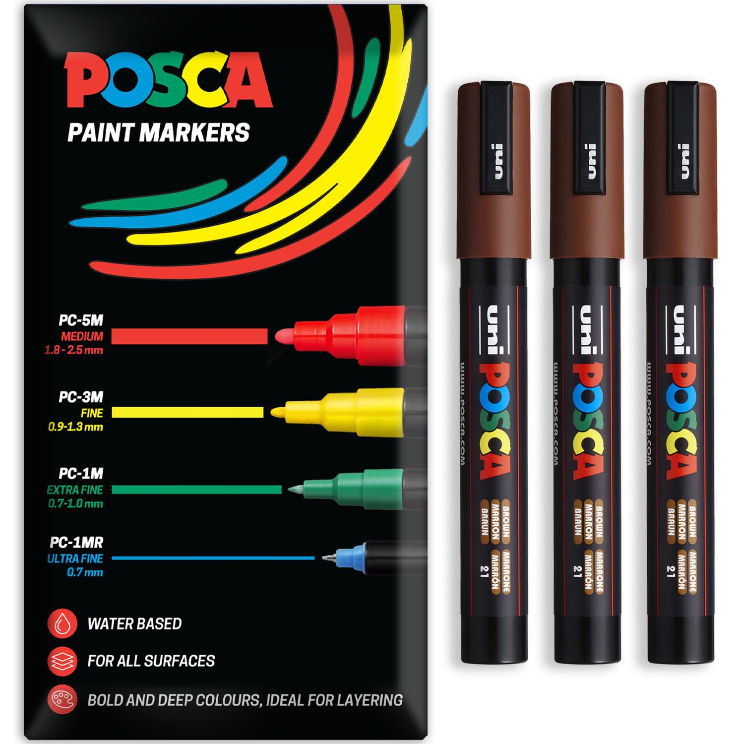 Posca Water Based Acrylic Paint Marker Pens | Multi Surface Use Permanent Paint Pen | Pack of 3 Pens in Envelope Gift Packaging | Glass, Fabric, Canvas, Wood etc | PC-5M, Brown