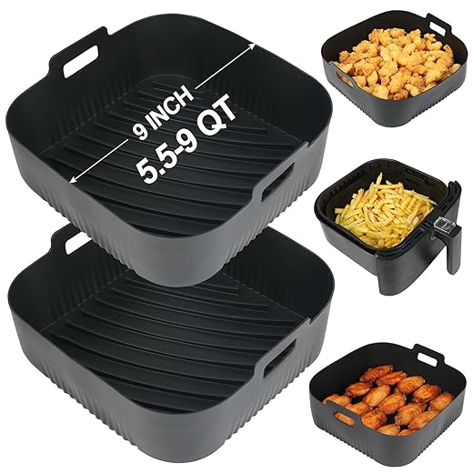 BYKITCHEN 9 Inch Square Silicone Air Fryer Liners for 5.5 to 9 QT, Set of 2, Reusable Silicone Air Fryer Tray Insert, Air Fryer Accessories for Corsori, Gourmia, Instant Vortex, Power XL and More
