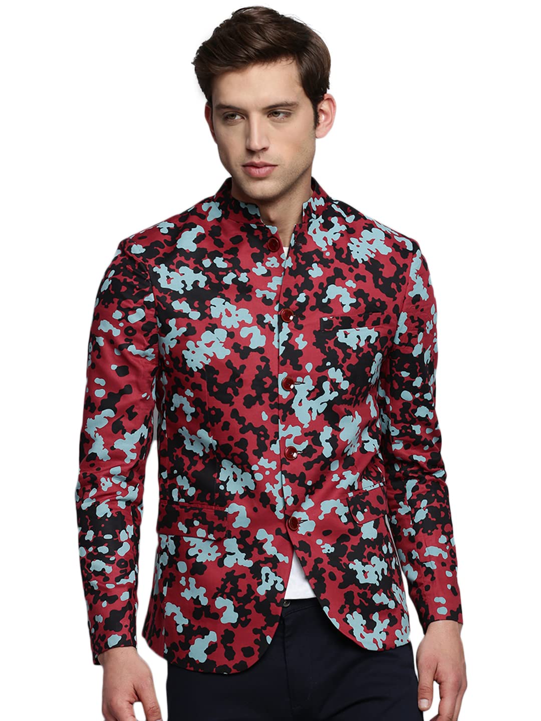 showoffff SHOWOFF Men's Printed Mandarin Collar Burgundy Bandhgala Blazer-SOBLZ-315_Burgundy-picture-27