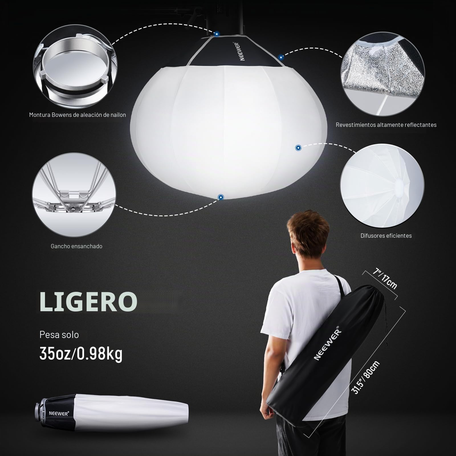 NEEWER 26"/65cm Softbox Linterna, 360° Difusor de Luz Liberación Rápida, Montura Bowens, Aleación Nailon Ligera para Iluminación Vídeo LED Continua RGB CB60, CB60B, CB200B, MS60B, MS60C, MS150B,NS26L