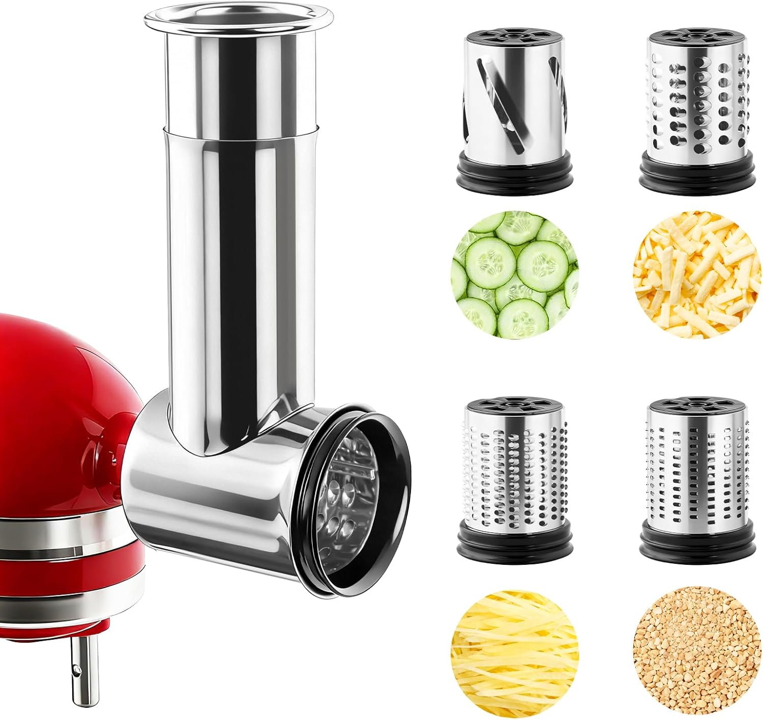 KITOART Stainless Steel Slicer Shredder & Cheese Grater Attachment for Kitchenaid Stand Mixer - Included Salad Maker, Grinding Powder, Dishwasher Safe with 4 Blades