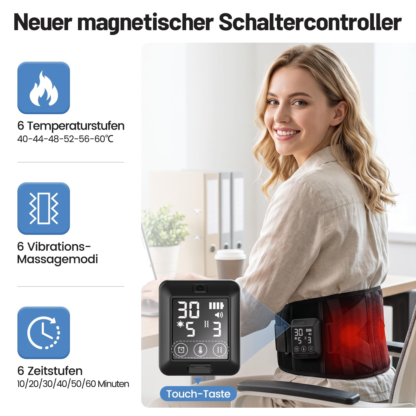 Wärmegürtel Vibrationsmassage für Rücken mit 5000mAh Akku, Wärmegürtel Rücken Akku mit 6 Heizstufen&6 Vibrationsmodi, kabelloser Rückenwärmer, Geschenke für Frauen Mama Papa(Schwarz)