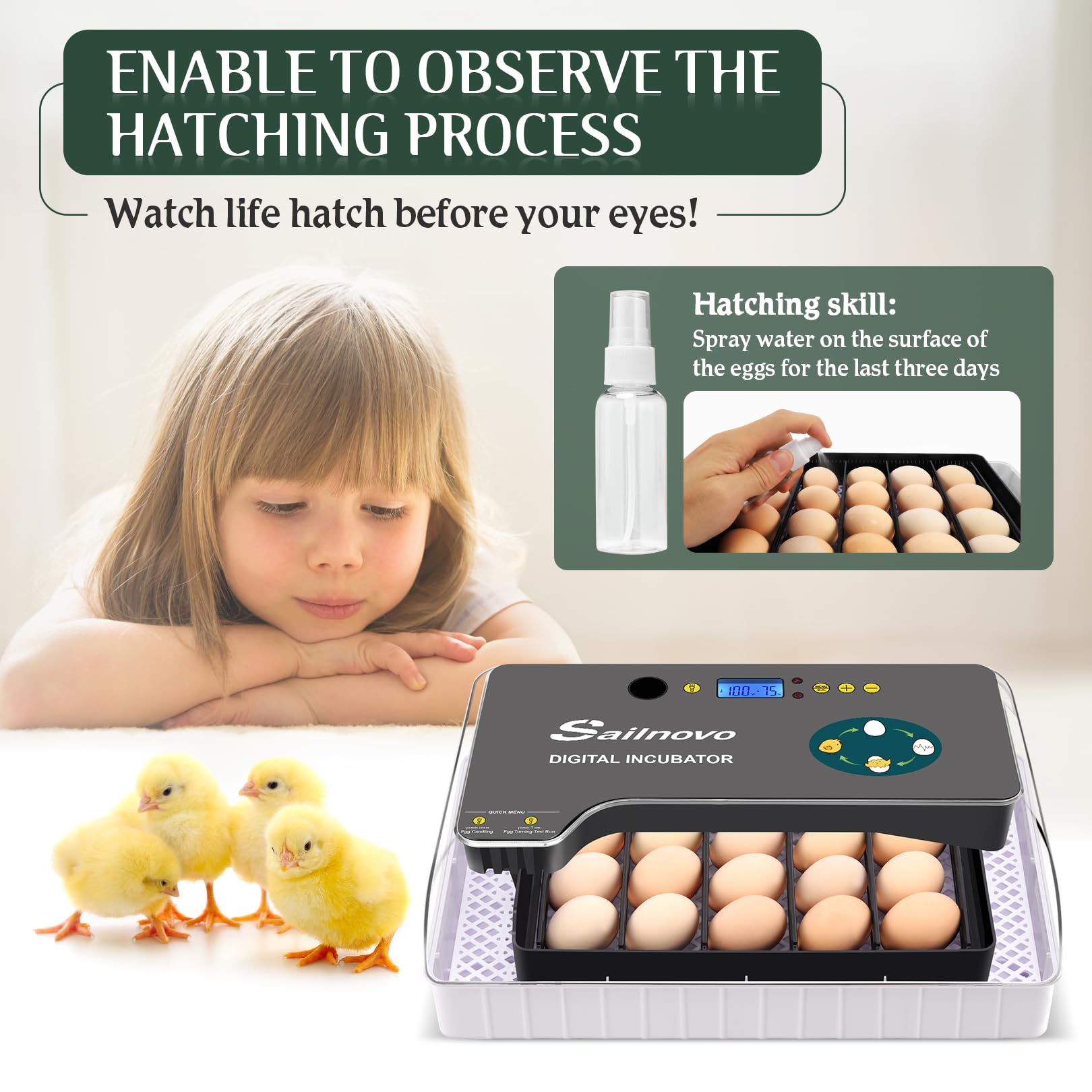 Sailnovo Sailvono 20 Incubateur entièrement automatique, avec ajout d'eau externe, contrôle de la température, éclairage LED, retournement automatique des œufs, de poules - Noir