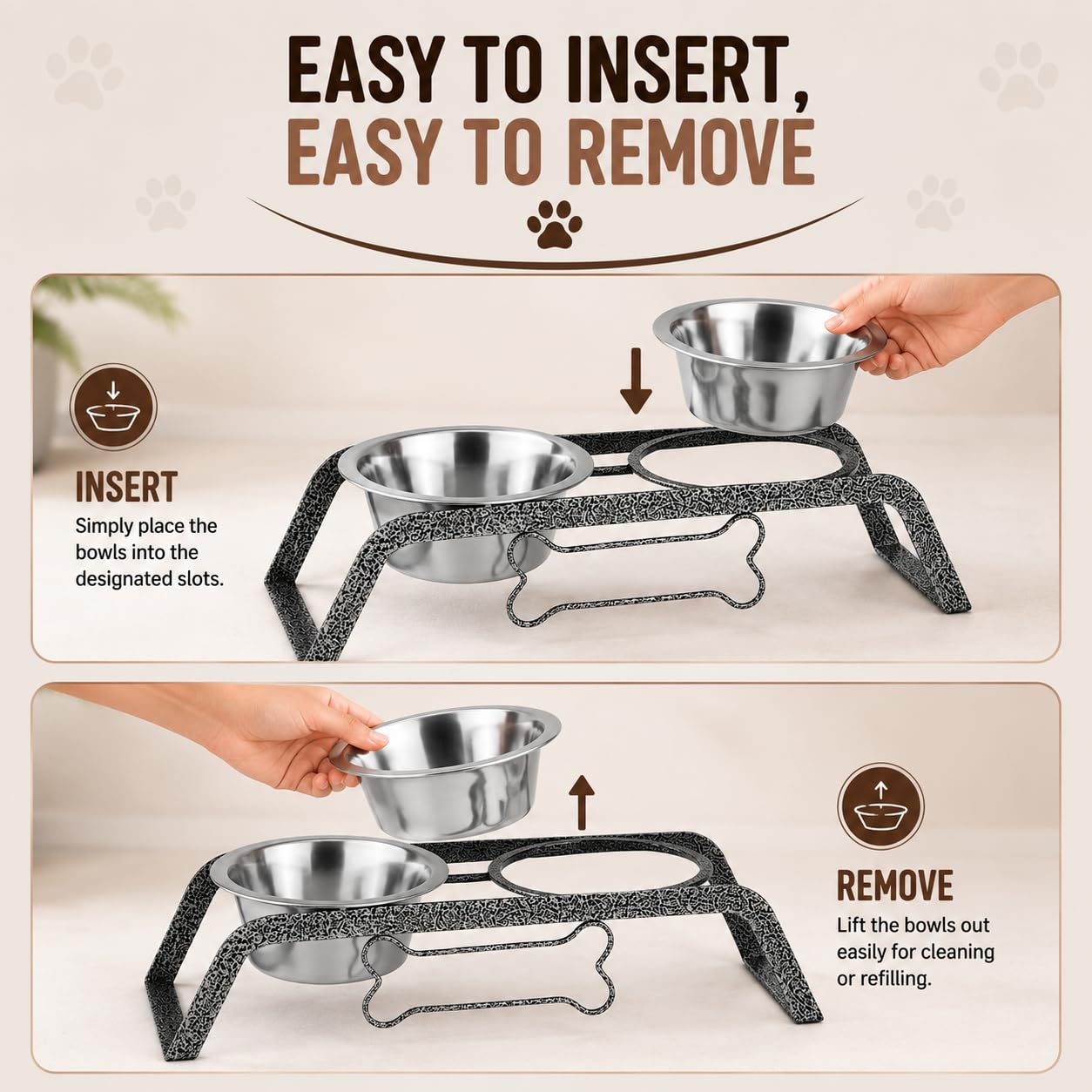 PAWPOURRI Curved Elevated Dog Diner Set with 800ml Stainless Steel Double Bowls & Iron Stand β Raised Pet Feeder for Small Dogs, Puppies & Cats, Food & Water Bowl Set - 13.4 x 6.7 x 4 Inch 1