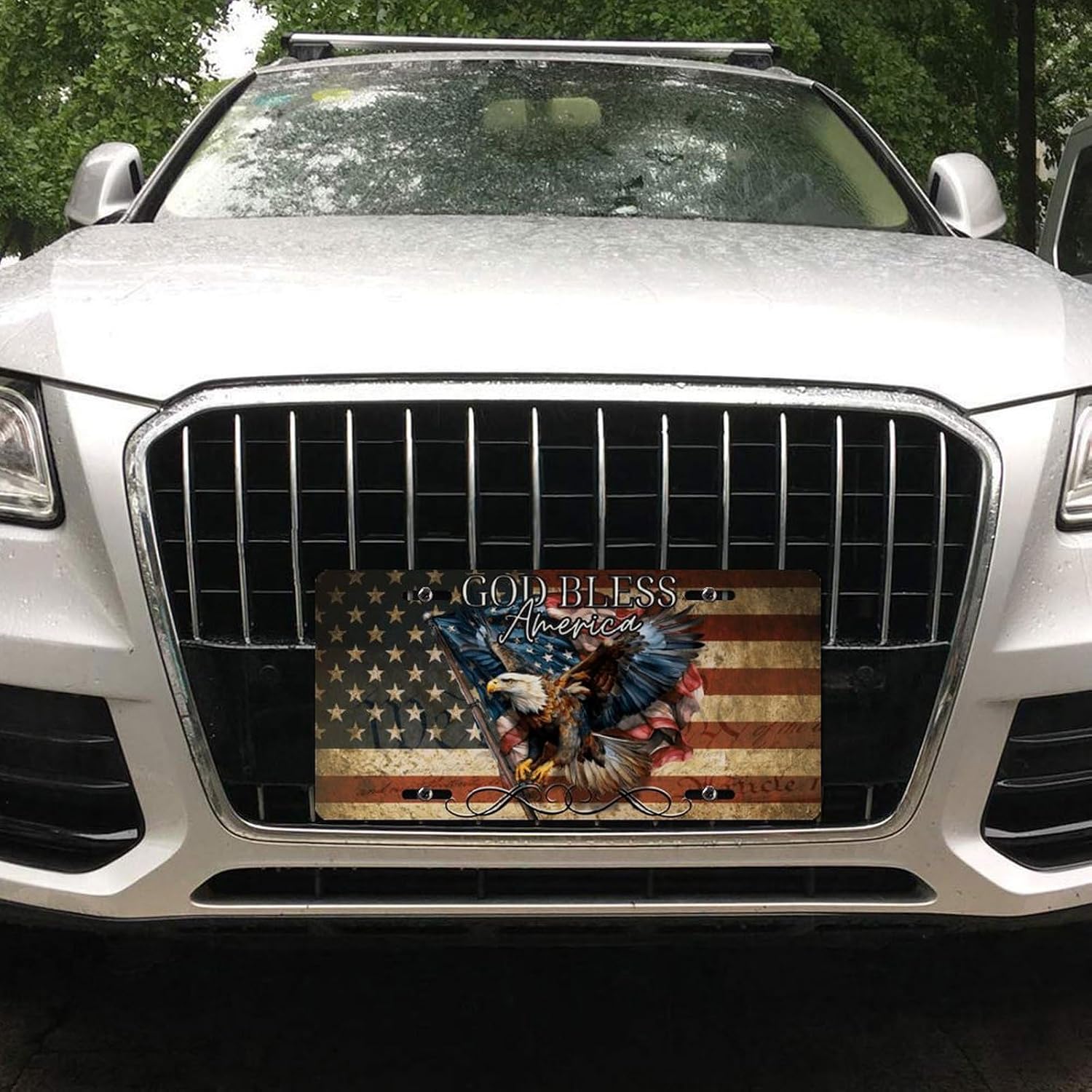 God Bless America License Plate – American Flag with Bald Eagle Patriotic Front Plate for Car, Truck, SUV – Durable Aluminum USA Auto Accessory