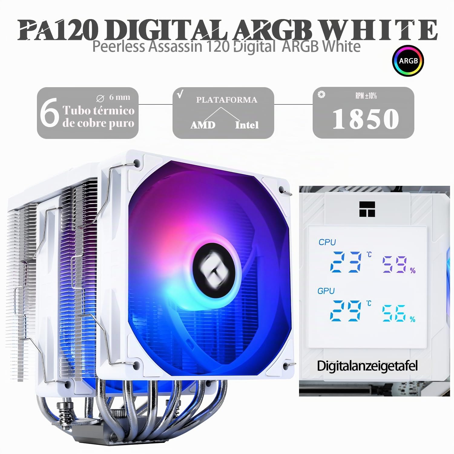TR-Thermalright Peerless Assassin 120 Digital ARGB Blanco Enfriador de CPU, Doble Torre con 6 Heatpipes, Ventiladores Dual PWM de 1850RPM, Panel de Visualización Digital en la Cubierta Superior