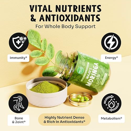 Miniatura 3 de Maju Superfoods Cápsulas de moringa orgánica, hoja de oleifera, hojas de moringa de calidad extrafina, hojas de árbol de baquetas secas, cápsulas de