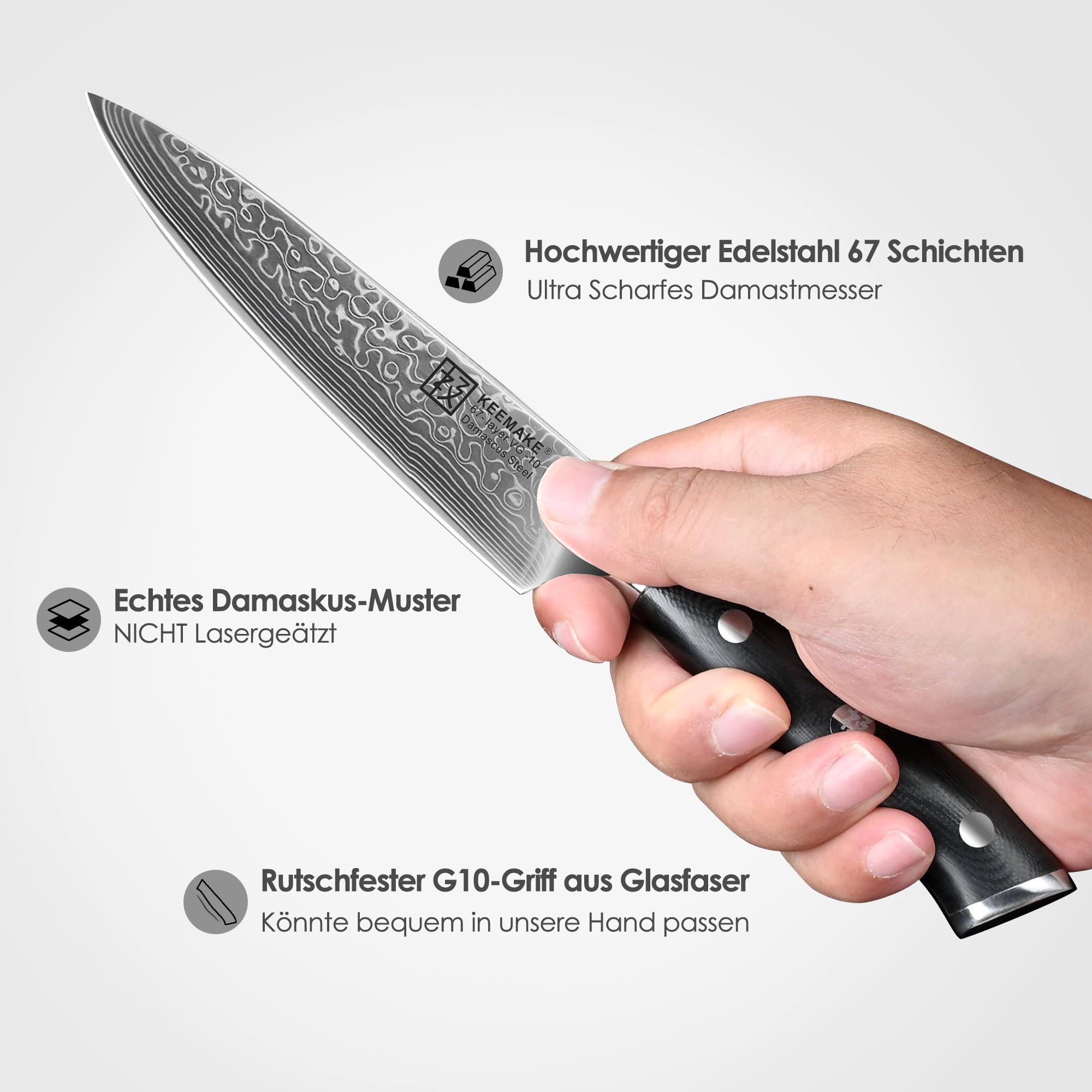 KEEMAKE 13cm Allzweckmesser – Profi Küchenmesser aus 67 Lagen VG-10 Damaststahl, Extrem Scharfes Gemüsemesser & Fleischmesser, ergonomischer G10 Griff. für Haushalt, Gastronomie, Vatertagsgeschenk
